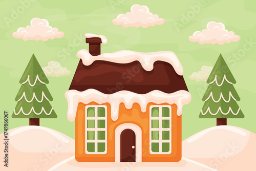Winter gingerbread house with snow and pine trees flat illustration.