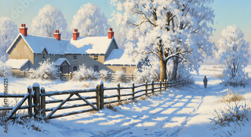 Winter Countryside Cottage and Snowy Landscape Illustration.