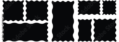 Whimsical Coquette wavy edge stickers rectangle, oval and circle shapes. Vector jagged geometric designs. Abstract Rectangle, square frames with wiggly borders. Rectangle shape frame with zigzag edge