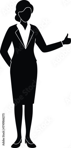 A confident businesswoman in professional attire gives a positive thumbs up gesture expressing approval or success