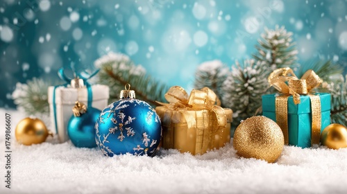 Christmas ornaments and gifts stand in snow, showcasing festive decoration against a blurred bokeh backdrop for holiday campaigns.