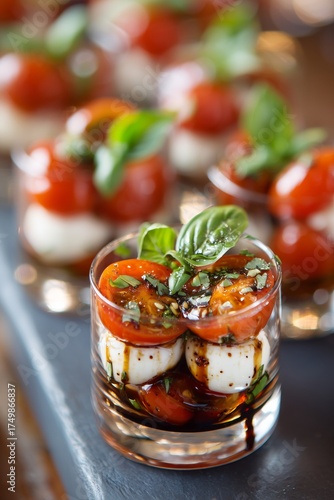 Fresh Mozzarella and Cherry Tomatoes Served With Basil in Elegant Glass Dishes