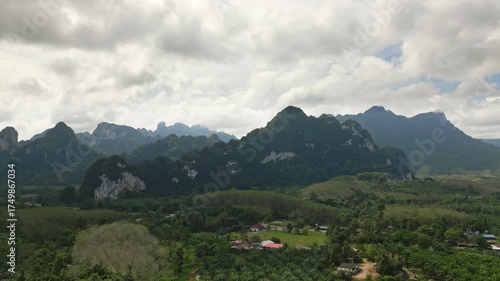 Aerial view of Khao Sok National Park in Thailand, showing lush jungle, palm plantations and majestic mountains rising in the distance under tropical sunlight