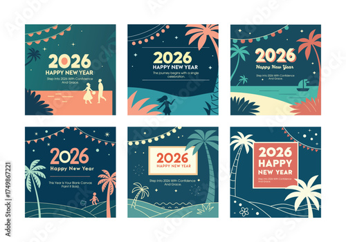 2026 New Year Celebration Design Set Tropical Holiday Greeting Card Templates Festive Party Invitation Banners for Social Media, Print, Posters, Digital Art and Graphic Design
