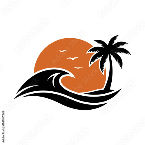 Tropical coconut palm tree and ocean beach resort logo design for summer-themed branding