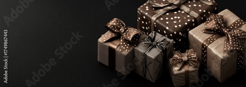 Elegant Brown and Black Gift Boxes Arranged on a Dark Surface for a Special C...