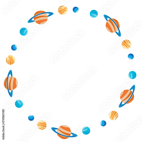 Space round frame with planets. Simple vector design is perfect for decorating children's cards or diplomas.
