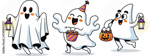 Halloween cute ghost characters, funny cartoon ghosts holding lanterns and candy buckets, festive trick or treat celebration design, vector illustration