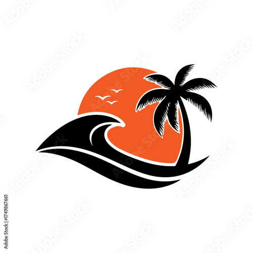 Tropical coconut palm tree and ocean beach resort logo design for summer-themed branding