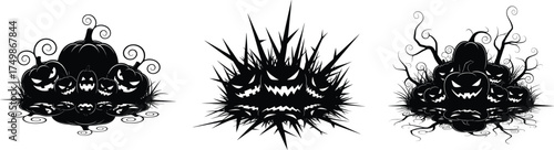 Halloween pumpkin silhouettes, scary jack o lantern faces collection, spooky black horror design set, creepy carved pumpkin heads, vector illustration