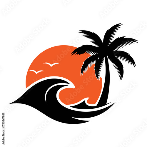Tropical coconut palm tree and ocean beach resort logo design for summer-themed branding