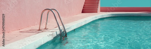 Bright Turquoise Water Shines Beside a Pastel Pink Wall and Steps During a Su...