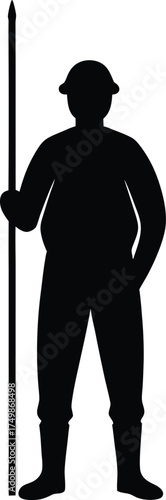 A standing man wearing a hat and boots holds a long spear ready for action