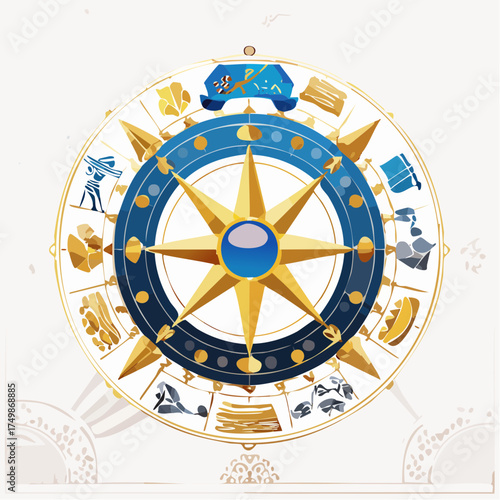 Artistic zodiac wheel illustration with celestial symbols and gold accents