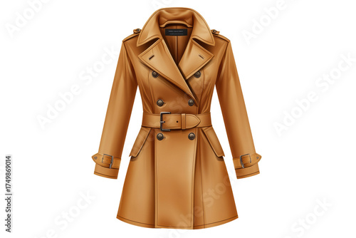 Camel-colored belted trench coat with lapels and buttoned cuffs.
