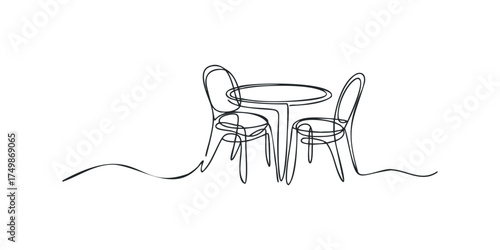 Minimalist line drawing of outdoor cafe table and chairs