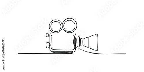 Continuous line drawing of a vintage movie camera