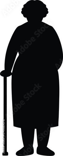 A very elderly woman with a stoop stands holding a walking cane for support and stability