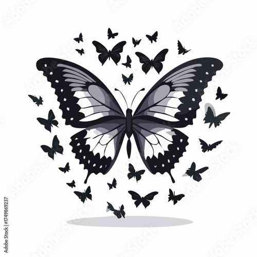 Butterfly illustration with many surrounding butterflies on a white background