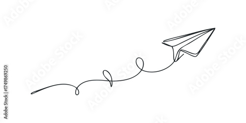 Minimalist black line art of paper airplane in flight