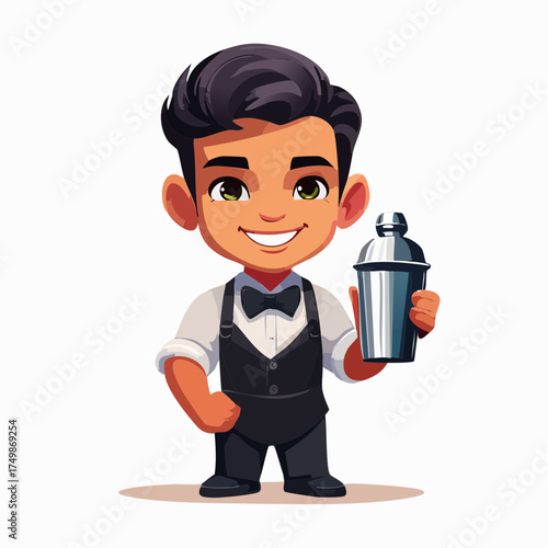 Cartoon bartender with cocktail shaker ready for service vector illustration