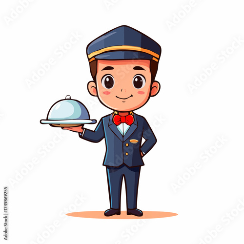 Cartoon bellhop holding food tray illustration with uniform for service