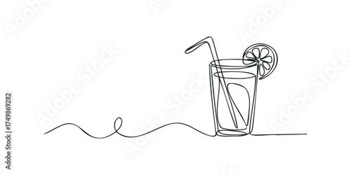 Continuous Line Drawing of a Tall Glass with Straw and Lemon Slice
