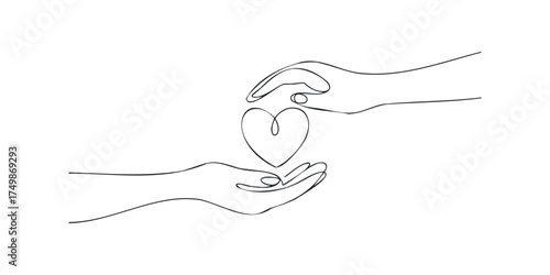 Hands holding and giving heart symbol in continuous line art