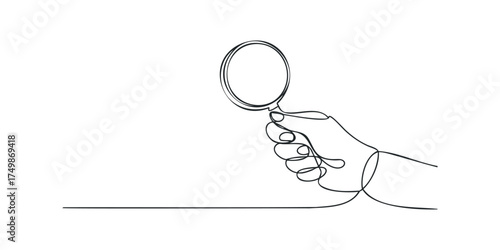 Hand holding magnifying glass continuous line drawing