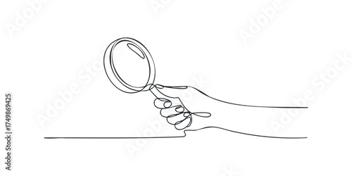Hand holding magnifying glass line drawing