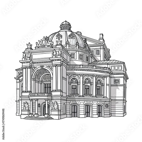Ornate opera house building with dome and columns