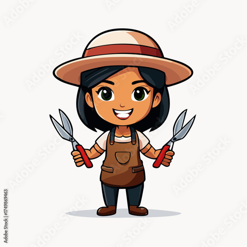 Cartoon gardener with hat holding pruning shears against white background