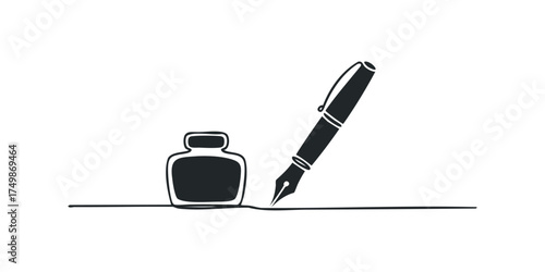 Inkwell and quill pen writing on a white background