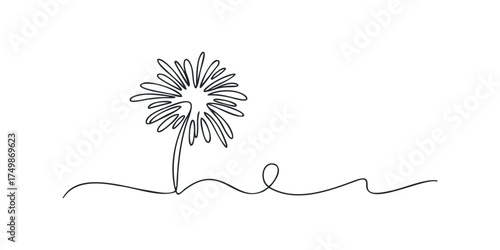 Single line drawing of a dandelion blowing in wind