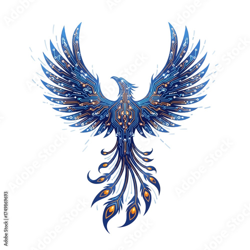 Stunning digital phoenix rising with circuit board details, a symbol of technological innovation and futuristic design on a clean white background