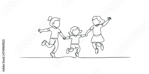 Three children holding hands and jumping