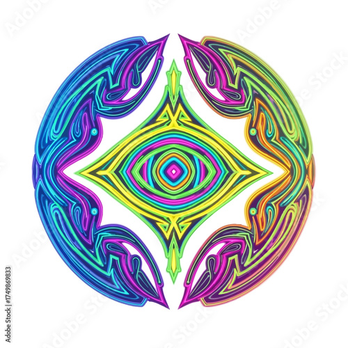 Vibrant geometric eye design radiates with neon energy, perfect for modern branding, digital art, and eye-catching promotional materials with a psychedelic vibe