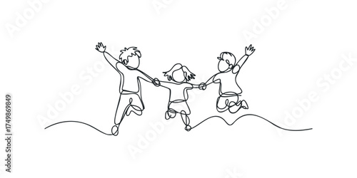 Three children holding hands and jumping joyfully