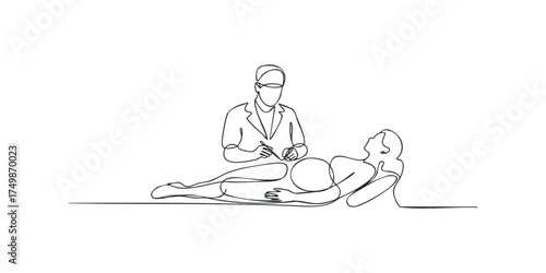 Doctor examines pregnant woman in minimalist continuous line drawing