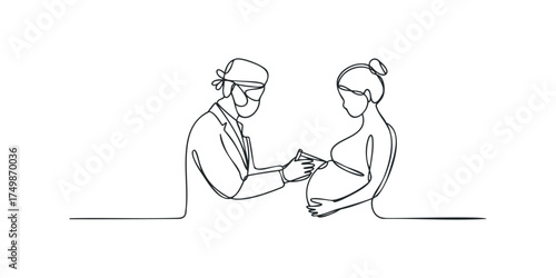 Doctor examines pregnant woman in continuous line drawing