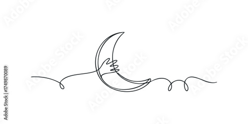 Continuous line drawing of hands holding crescent moon