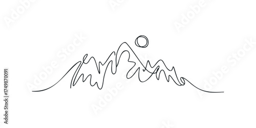 Continuous line drawing of a sun over a mountain range