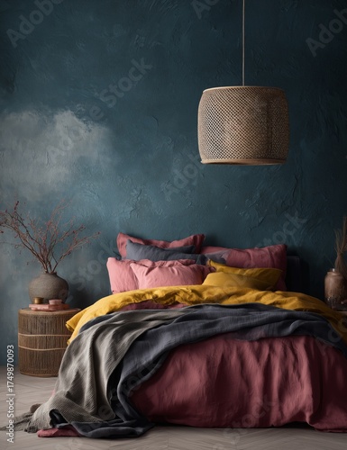 Cozy Bedroom With Colorful Bedding and Natural Decor in a Serene Atmosphere