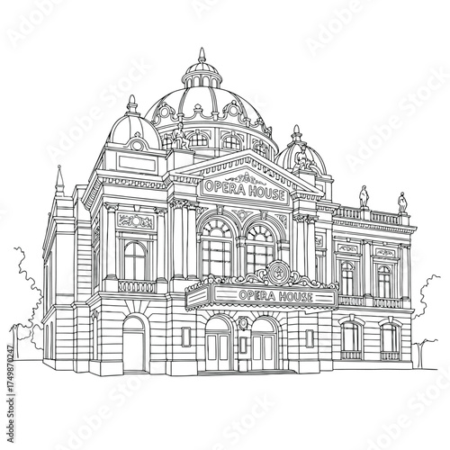 Detailed line drawing of an opera house building with domes