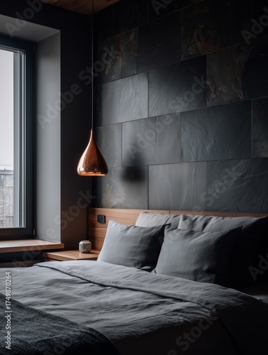 Modern Bedroom With Copper Pendant Light and Gray Decor in a Spacious Setting