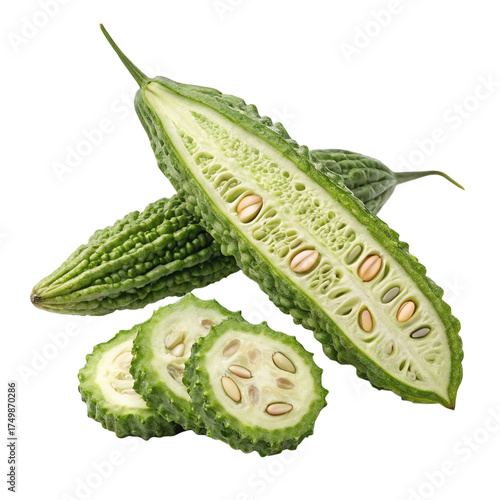 Fresh Bitter Gourd Isolated on Black Background – Whole and Sliced Karela Vegetable