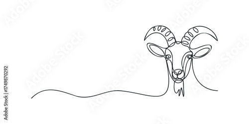 Continuous line drawing of a goat head with curved horns