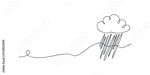 Continuous Line Drawing of a Stormy Cloud with Rain