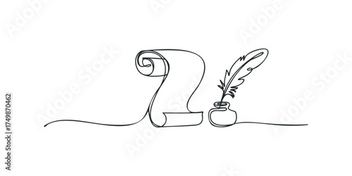 Single line drawing of a quill and inkwell with scroll