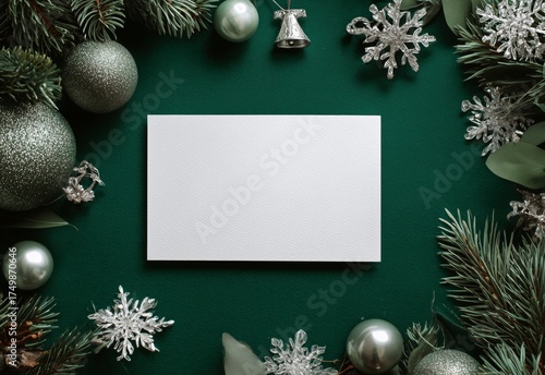Festive Holiday Decorations With Blank Card on Green Background Surrounded by...